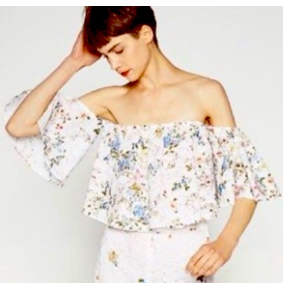 Zara woman multicolor Floral Print Eyelet Off The Shoulder crop Top size Medium - Picture 2 of 8